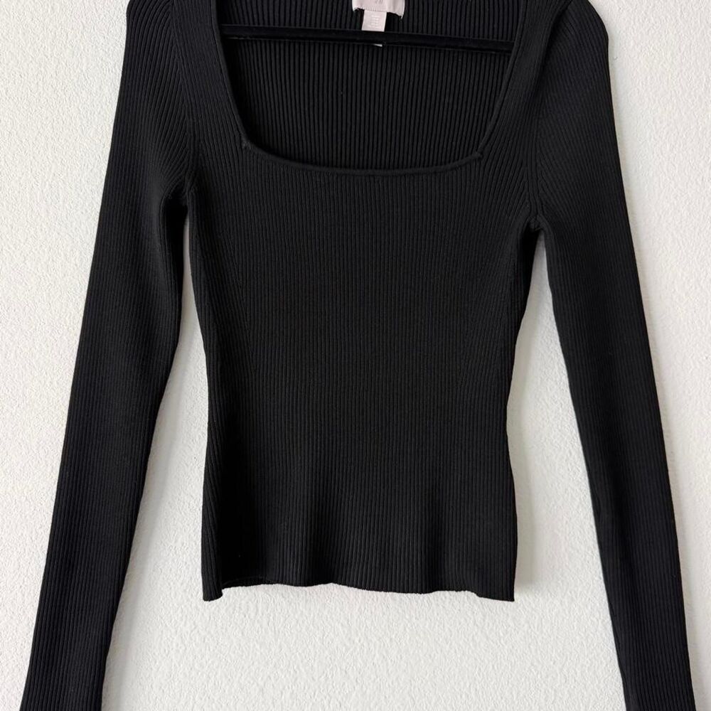 H&M Black Ribbed Knit Fitted Square Neck Top Office Siren Going Out Grunge M